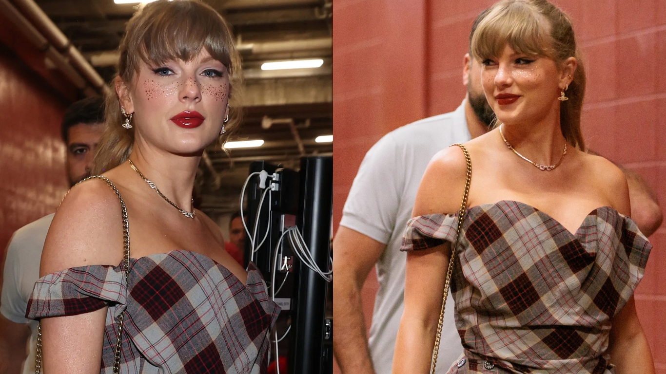 Taylor Swift mặc đầm trễ vai họa tiết caro, buộc tóc đuôi ngựa và makeup má hồng kiểu glitter freckles