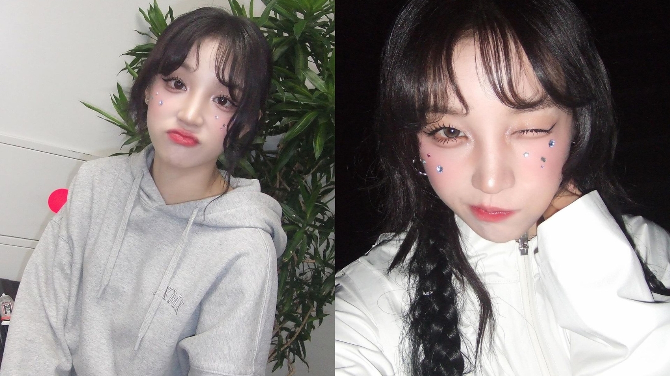 Song Yuqi (G)I-DLE mặc áo hoodie màu xám, tạo kiểu tóc mái thưa và makeup kiểu đính đá trên má